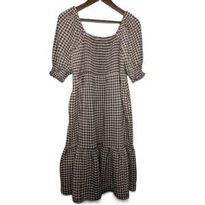 Women's Madewell Lucie Elbow Sleeve Smocked Midi Dress gingham Check Size S